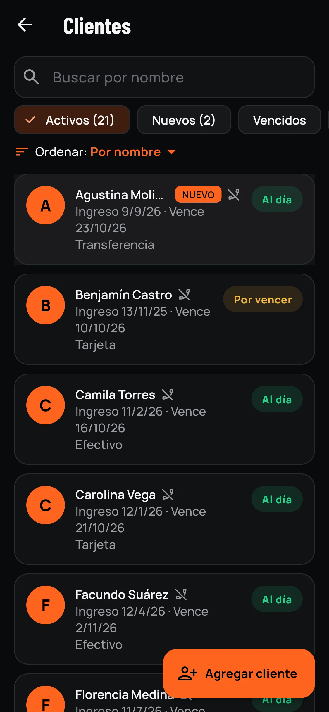 Lista de clientes con el estado de la cuota